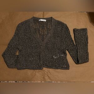 Zara Open-Knit V-Neck Sweater in Dark Brown
